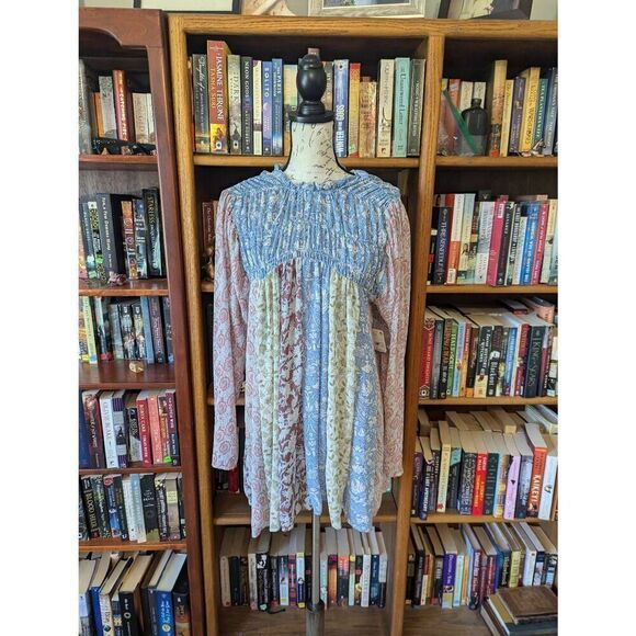 Free People Womens Multicolor Merrie Print Smocked Chiffon Boho Tunic Top S NWT - Picture 1 of 6